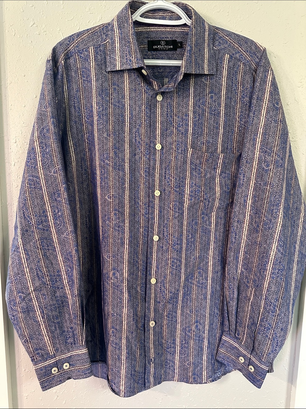Bugatchi Men's Navy Lavender Argyle Striped Dress Shirt